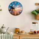 XFM Blue Nautical Beach Wall Clocks Battery Operated Palm Tree Wall Clocks for Living Room 12 Inch Round Glass Silent Wall Clock Non Ticking Sunset Clock