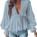 SweatyRocks Women's Lace Long Sleeve Peplum Top Tie Front Blouses V Neck Lantern Shirts, Blue, Medium