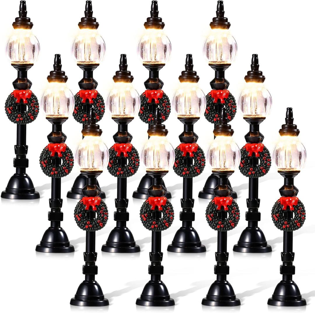 Baquler 12 Pcs Christmas Lamp Posts Christmas Village Accessories Miniature Fairy Street Lamps Decorative Uptown Mini Street Lights Pathway Lantern for Xmas Holiday Decoration DIY Craft(Modern)