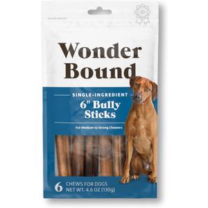 Amazon Brand - Wonder Bound Bully Sticks, All-Natural, Highly Digestible, Long Lasting Dog Beef Treats, 6 inch, (6 Count)