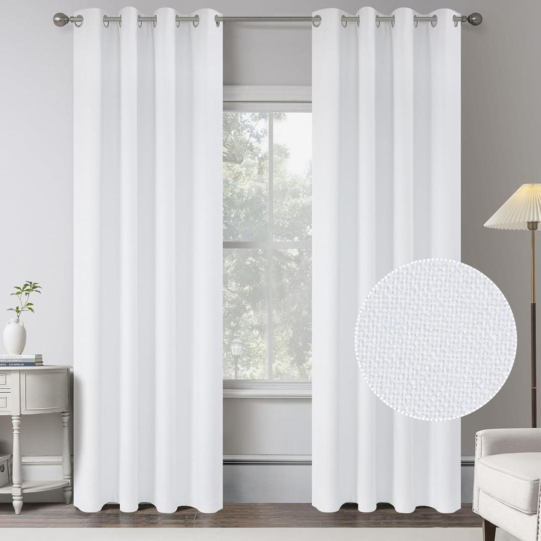 KEQIAOSUOCAI Pure White 100% Blackout Linen Curtains 80 Inches Long 2 Panels for Bedroom,Modern Farmhouse Full Black Out Room Darkening Thermal Insulated Window Curtain Panels W50 x L80 Inch Length