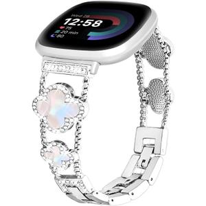 for Metal Bands, Compatible with Fitbit Versa 4/Versa 3/Fitbit Sense 2/Sense Band Smart Watch, Diamond Four Leaf Clover Stainless Watch Strap for Women (Iridescent/Silvery)