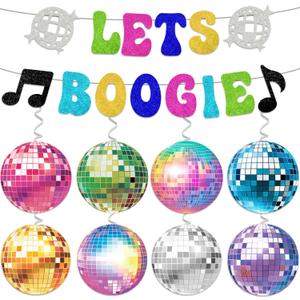 80's 90s Disco Themed Party Decorations Let's Boogie Banner Disco Ball Hanging Swirls Backdrop 70s Hanging Decor For Classroom Throwback Party Decorations Back To 60s 70s 80s 90s Dance Decade Party