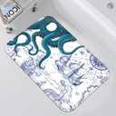 Blue Nautical Octopus Bathroom Rugs Mat Navy Ocean Kraken Mermaid Bath Rug Water Absorbent Non Slip Shower Mat Anchor Coastal Map Memory Foam Bath Mats for Bathroom Decor 3220In (4'3" x 6'9" (Rectangular))