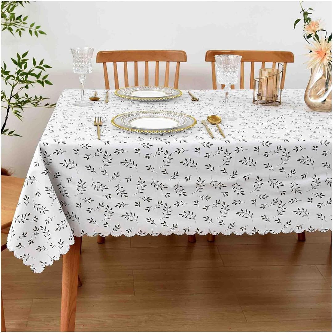 White Leaf Pattern Vinyl Tablecloth 54×72 Inch – Waterproof Oil-Proof PVC Table Cover with Scalloped Edges & Embossed Grain, Heavy Duty Outdoor Picnic Table Cover for Rectangle Tables