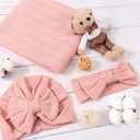 DRESHOW BQUBO Baby Swaddle Blankets for Girls, 4PCS Newborn Accessories Set with Matching Hat and Bow Headband with Card