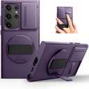 SURITCH for Samsung Galaxy S24 Ultra Case with 360 Rotatable Hand Strap Phone Grip & Invisible Kickstand & Slide Camera Cover, Rugged Shockproof Protective Cover for S24 Ultra -Dark Purple