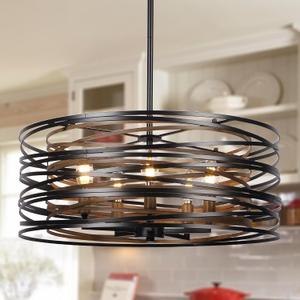 Sigaitwei 5-Light Drum Chandelier for Dining Room19.7" Rustic Farmhouse Dining Room Light FixtureWood Grain and Vintage Black Metal Chandeliers for Kitchen Entryway Living Room