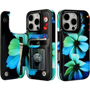 HAOPINSH for iPhone 16 Pro Wallet Case with Card Holder, Blue Florals Pattern Back Flip Folio PU Leather Kickstand Card Slots Case for Women Girls, Double Magnetic Clasp Shockproof Cover 6.3"