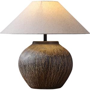 Rustic Farmhouse Table Lamp 20.8" Neutral Ceramic Table Lamp Brown White Checkered Ceramic with Linen Drum Shade Decor Bedside Nightstand for Living Room Bedroom (Small)
