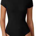 QINSEN Black Bodysuit for Women Crewneck Short Sleeve Thong Double Lined Shirt Tops M