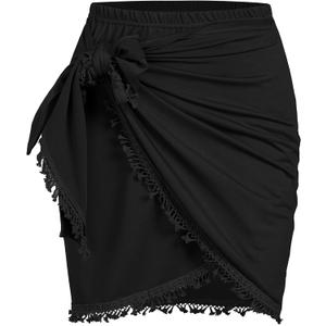 ZAFUL Slit Skirt for Women Ethnic Paisley Printed Tie Side Sarong-Style Bodycon Mini Short Skirt for Beach Night Out Party(Solid-Black, L)