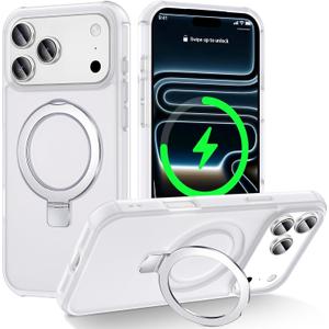 Magnetic Compatible with iPhone 17 Pro Max Case with Stand [Military Grade Drop Tested][Compatible with Magnet] Ring Translucent Slim Hard Back Soft Edge, Frost White