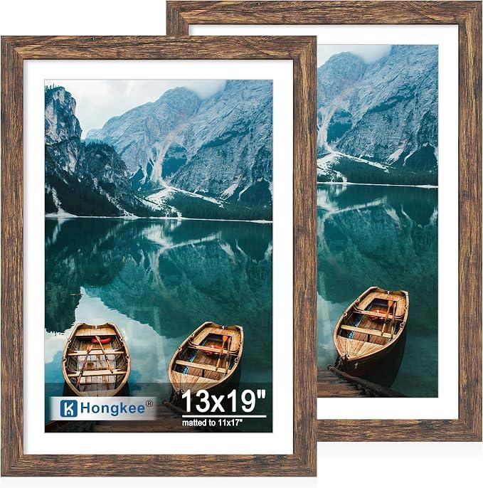 Hongkee 13x19 Picture Frame, Rustic Brown Wood Style, Wall Mounting
Display Posters 11 x 17 with Mat or 13 x 19 without Mat, 1 Pack for Photos, Artwork; Fits Home, Office & Gallery Wall Decor