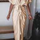 Women Elegant Satin Button Down Short Sleeve Maxi Shirt Dress with Belt (Beige)