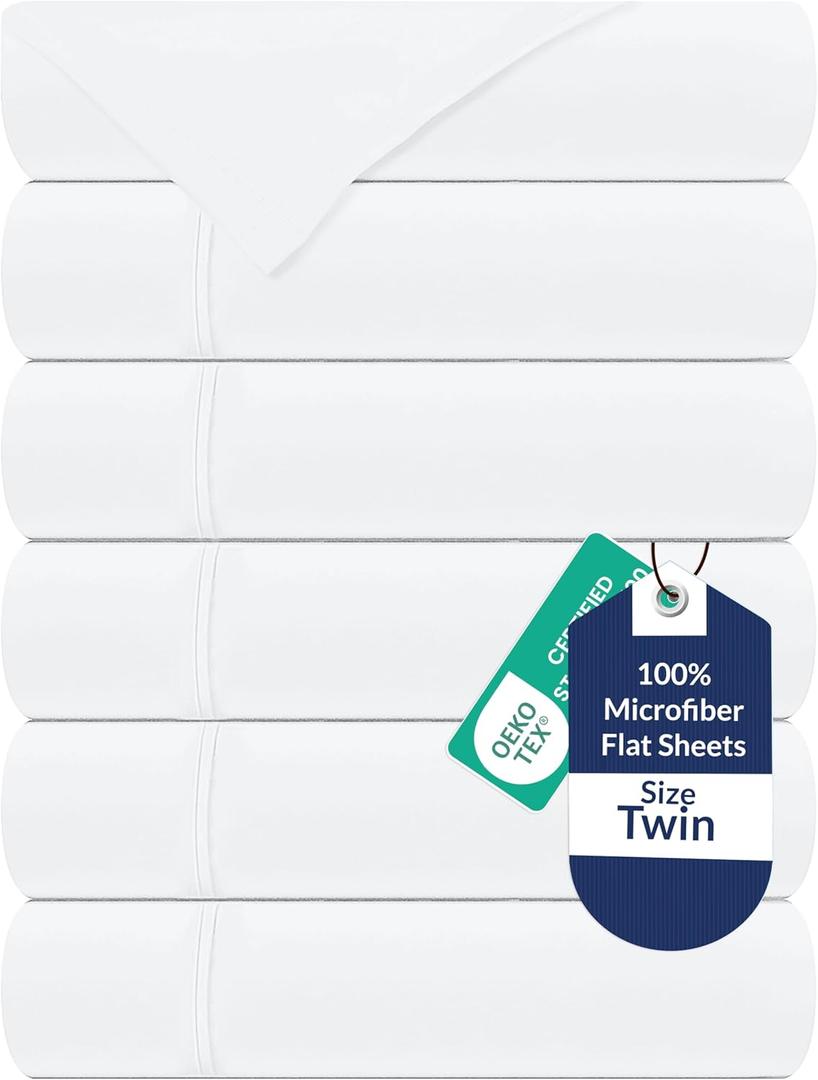 Royale Linens 6 Pack Bulk Flat Sheet Set - Top Sheets - Soft 1800 Microfiber - Wrinkle & Stain Resistant - for Hotel, Massage Table, Hospital, Dorm - Twin Flat Sheet Sold Separately (Twin, White)