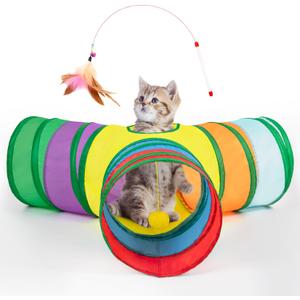 Tempcore Pet Cat Tunnel Tube Cat Toys 3 Way Collapsible, Cat Tunnels for Indoor CatsKitty Tunnel Bored Cat Pet Toys Peek Hole Toy Ball Cat, Puppy, Kitty, Kitten, Rabbit Rainbow