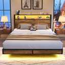 BedsPick Queen Size Bed Frame with 2-Tier Storage Headboard, Sturdy Metal Platform Bed Frame with Charging Station & LED Lights, Noise-Free/Metal Support/No Box Spring Needed, Rustic Brown