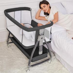 Jixrolyn Bedside Bassinet for Baby, Adjustable Newborn Bassinet with Wheels, Storage Basket, Mattress, Easy to Assemble & Portable Folding Baby Cradle (Black), Crib