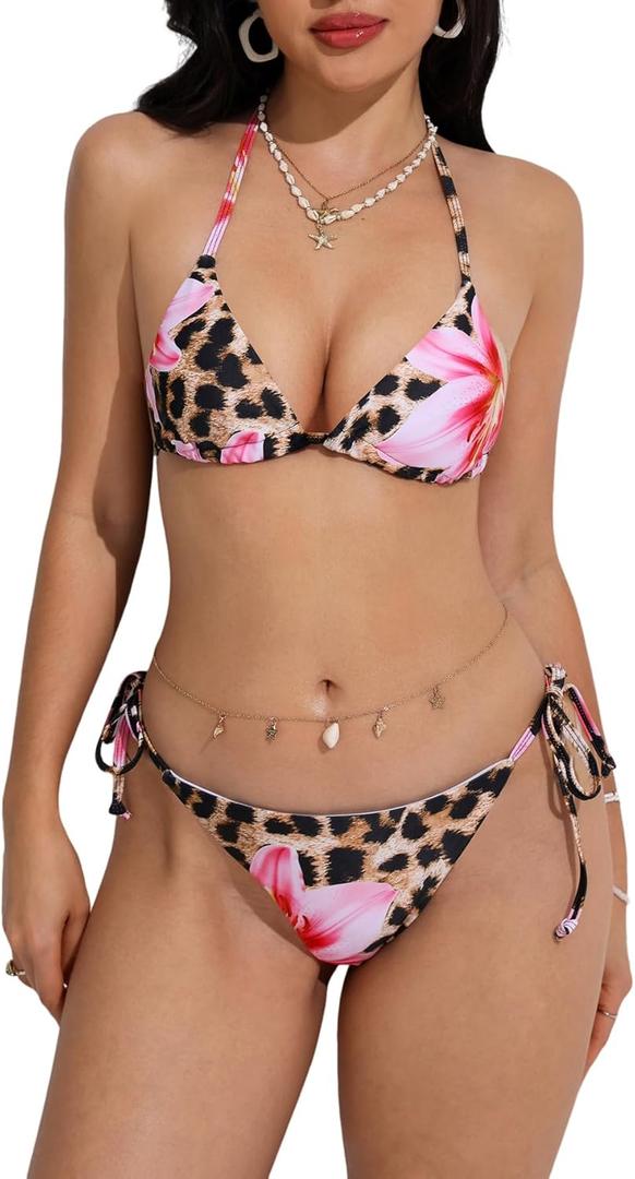 Verdusa Women's Y2K Bikini 2 Piece Cheetah Floral Swimsuit Halter Triangle Tie Side String Bikini Set (Multicolor) 
Small