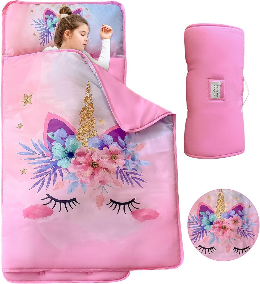 Pink Unicorn Toddler Nap Mats with Removable Pillow and Blanket for Girls Kids Sleeping Mats Toddler Slumber Bag Nap Pad for Girls Boys Preschool Daycare Kindergarten Sleepovers Travel Camping, Pink Unicorn Flowers (Standard- 50" x 20")