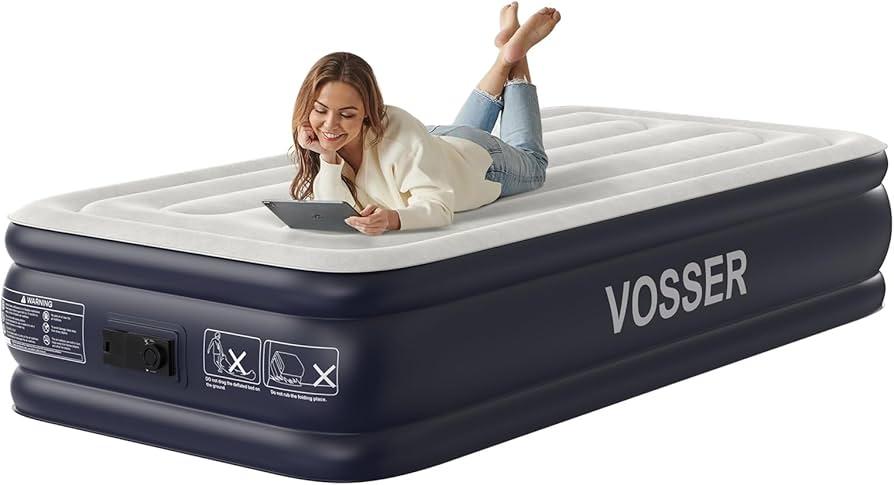 VOSSER Twin Air Mattress with Built in Pump Raised,18''Inflatable Mattress of Upgraded Vertical Beams,Self Inflatable Blow Up Mattress in 3 Mins,Flocked Top Airbed with Carry Bag for Home,Camping