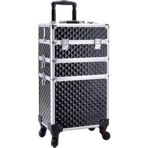 Adazzo 3 in 1 Professional Rolling Makeup Train Case Aluminum Trolley Case with 360 Rotation Wheels for Makuep Artist Cosmetic Suitcase Organizer with Lock and Key Diamond Pattern - Black