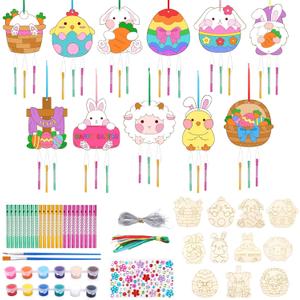 Prewplam DIY Craft for Kids - 11 Pack Wooden Painting Wind Chime Kit with Egg Bunny Lamb Chick Gnome Duck Jesus Basket, School Party Favor Birthday Gifts for Kids Girls Boys