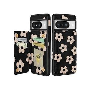 Petitian for Google Pixel 8 Case with Wallet - Women Girls Cute Girly Aesthetic Unique Design Leather Credit Card Holder Cardholder Stand Wristband for Pixel 8, Black Flower