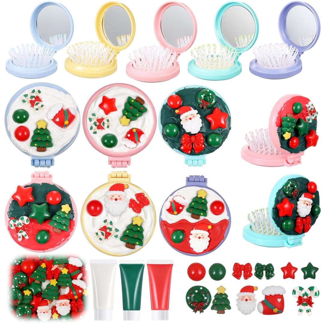Vesici 12 Pcs Christmas DIY Mini Hair Brush with Mirror Cute Folding Hairbrush with Resin Christmas Tree Santa Candy Cane Bow Decor for Decorate Your Own Mirror Party Activity DIY Creative Craft