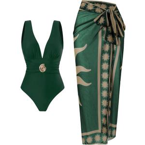 SherryDC One Piece Swimsuit with Cover up Wrap Skirt Sarong Floral Print Plunge V Neck Bathing Suit for Women (Small, 151-green)