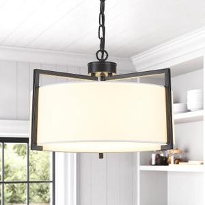 16.5" Black Drum Pendant Light Fixtures with White Linen Shade