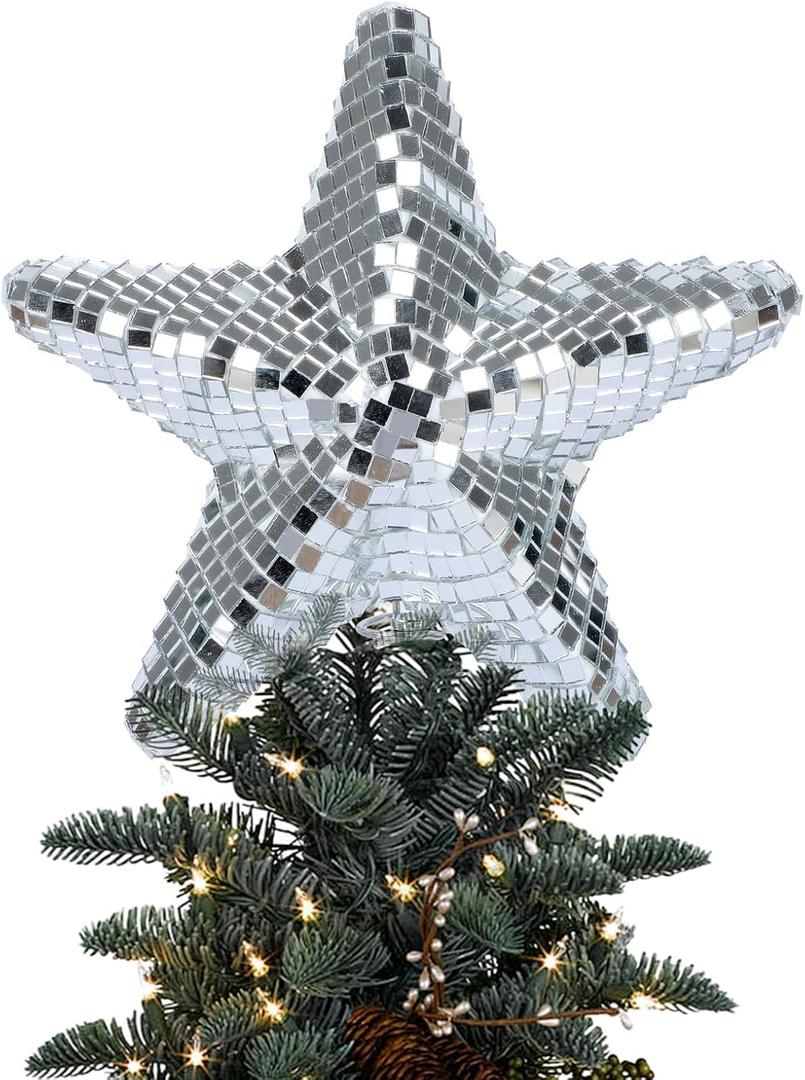 Disco Star Christmas Tree Topper Disco Mirror Star 3D Hollow Sliver Tree Topper - Xmas Tree Decoration for Indoor Office Christmas & New Year 70s Holiday