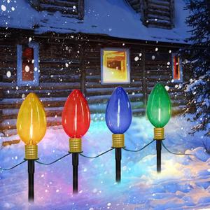 C9 Christmas Multicolor Pathway Lights, 7Ft Outdoor Christmas Pathway Markers Stakes Lights with 4 Jumbo C9 Multicolor LED Bulbs, Connectable Xmas Walkway Light for Driveway Yard Lawn Garden