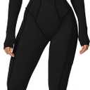 AEEZO Womens Contour Seams Long Sleeve Padded Workout Jumpsuit Zip Up Tummy Control One Piece Bodycon Yoga Rompers (Black, M)