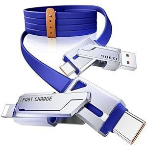 SHEZI 4-in-1 USB C Cable 60W 5FT Lightn-ing Cable Fast Charging [480Mbps Data Transfer] Flat Thick Silicone for iPhone/ iPad Charger Cord, Multi Charge Wire Combo with Lightn-ing/ USB C/ USB A Port, Blue