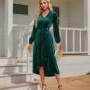 Women's Velvet V Neck Puff Sleeve Dress for Wedding Guest Cocktail Elegant Bodycon Party Midi Dress (Green, XL)