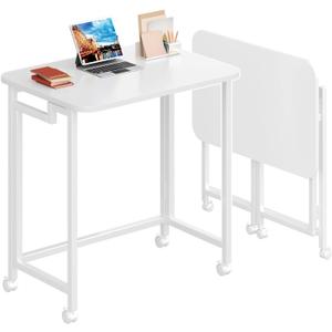 4NM 23.6" Mobile Small Rolling Computer Desk, Folding Laptop Cart Table with Wheels, Portable Office Desk for Small Space Couch Bed - All White