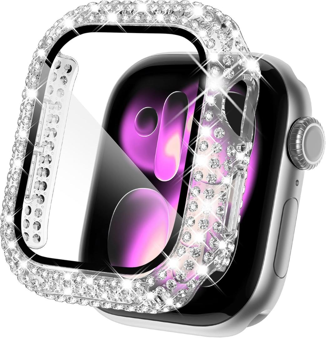KADES Compatible with Apple Watch Series 3 2 1 with Built-in Tempered Glass Screen Protector Bling Crystal Diamond Rhinestone Full Protective Bumper Cover for Women (42mm,Clear)