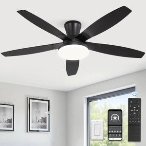 ZMISHIBO 52 inch Ceiling Fans with Lights and Remote/APP Control,Black Low Profile Ceiling Fan with Light,Quiet DC Motor,LED Dimmable, Modern Flush Mount Ceiling Fan for Bedroom Indoor/Outdoor Patio