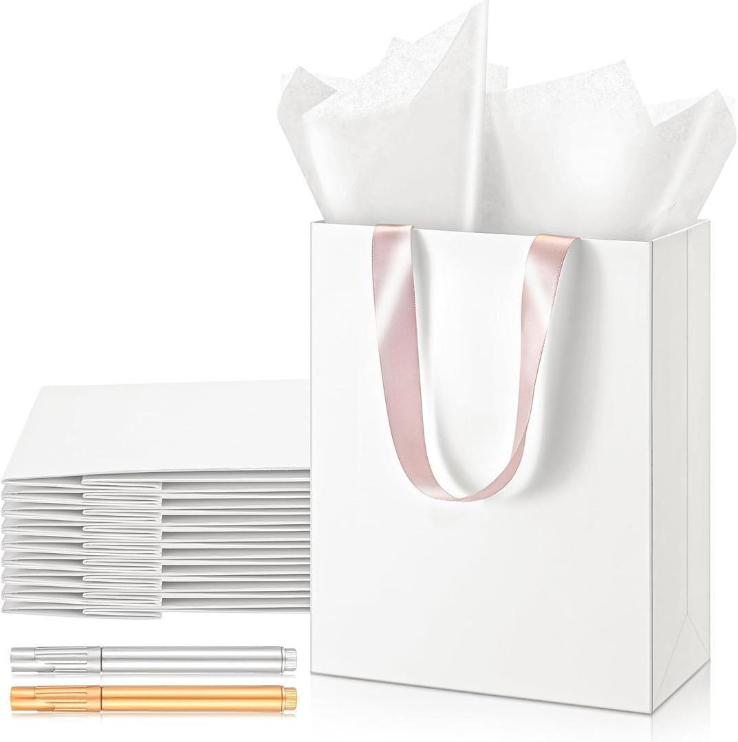 Yeaqee 24 Pcs 12 Sets Wedding Gift Bags with Metallic Markers Tissue Paper, 9 x 7 x 3.15 Personalized DIY Ribbon Handle Gift Bags for Valentines Birthday Shopping Bridal Baby Shower(White, Rose)