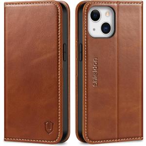SHIELDON Wallet Case for iPhone 13 5G, Genuine Leather Folio Case Magnetic Shock Absorbing Cover RFID Blocking Credit Card Holder Kickstand Compatible with iPhone 13 6.1" 2021 - Retro Brown