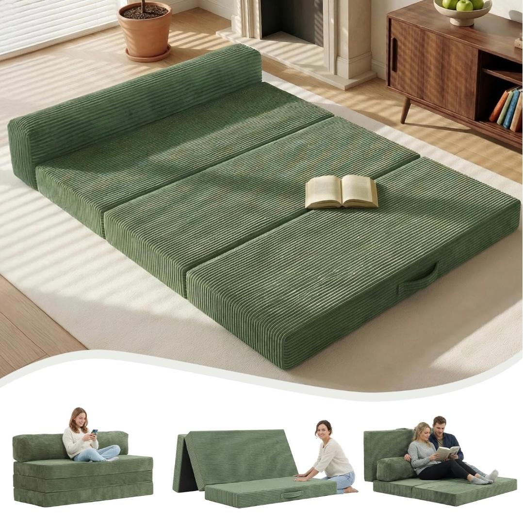 6 inch Tri-Folding Mattress Full Size, Convertible Sofa Bed Foldable Mattress with Removable Cushions & Washable Cover, Floor Mattress with High-Density Foam, Small Couch Bed, Full, Green