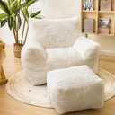 Bean Bag Chair with Ottoman, Armrest Bean Bag Chairs with Filler, Ultra Soft Fluffy Faux Fur Bean Bag Chair with Foot Rest, Plush Lazy Sofa with Foot Stool for Living Room, Dorm (White)