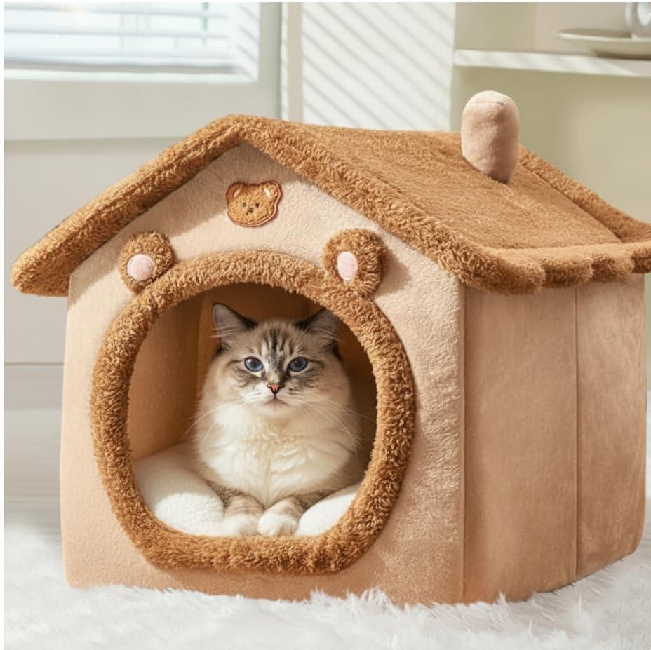 Cat Bed for Indoor Cats, Cozy Cave Bed Cat House Cats Tent with Removable Cushion Pillow, Soft Warm Pet House, Cute Bear Pet Nest for Kitten Small Dogs (Brown,13 * 11.8 * 12.6 Inches)