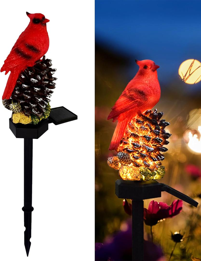 Cardinal Decor Solar Garden Decor Waterproof Red Bird Figurine Solar Stake Lights for Outside Yard Patio Lawn Porch Cemetery (Strobile)