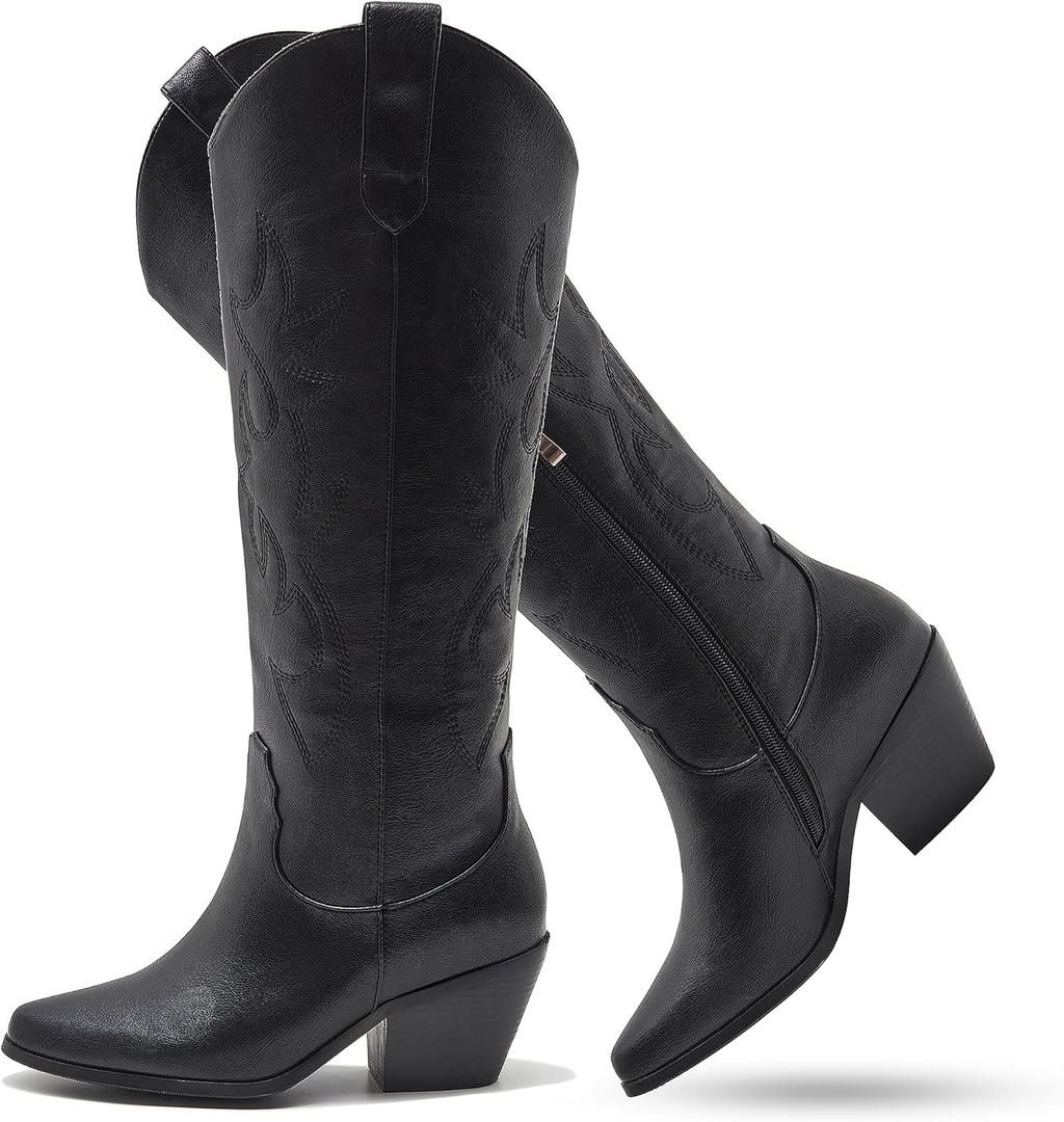 White Cowgirl Boots Wide Calf Cowgirl boots- Western Style Embroidered Knee High Cowboy Boots with Pointed Toe Chunky Heel Fashion Retro High Boot Pull-On (7, Black 1)