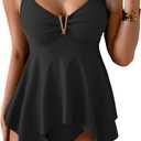 Tankini Swimsuits for Women Tummy Control Two Piece Bathing Suit V Wire Neck Flowy Swimwear Top with Bottom (Large, Black)