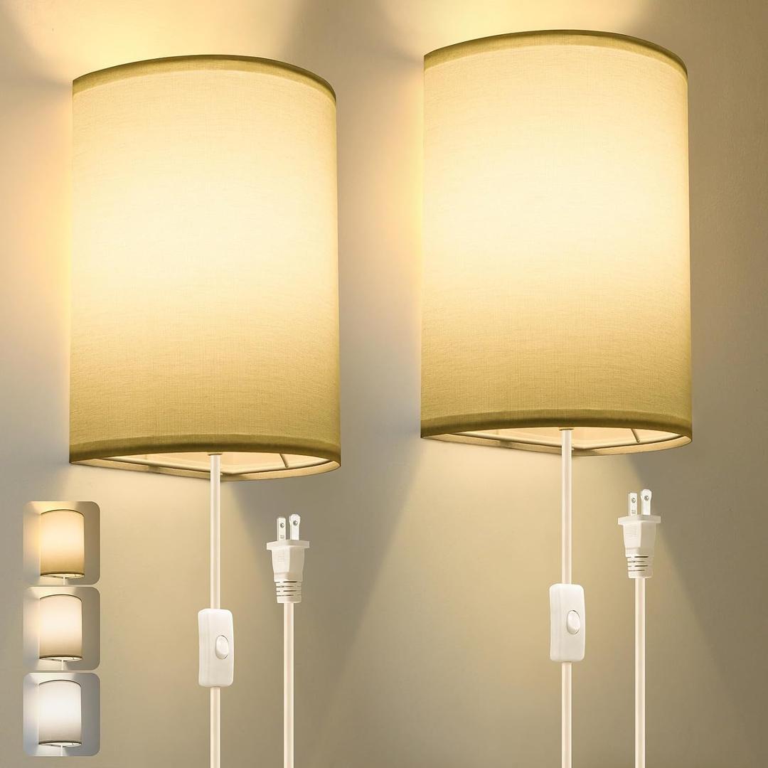 Plug in Wall Sconce, 3 Color, Set of Two, Industrial Wall Lamp with Plug in Cord, Rustic Fixture, On/Off Switch Vintage Wall Light Fixture for Headboard Bedroom Porch (White)
