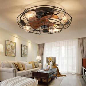 Caged Ceiling Fan Light with Remote, 21" Small Flush Ceiling Light with 3 Enclosed Blades and 6 Wind Speeds for Bedroom, Living Room (Black)